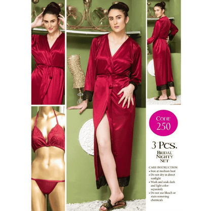 closeup view of 3 piece bridal nighty set in maroon color