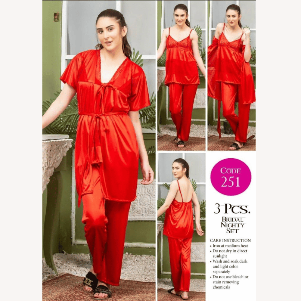 closeup view of 3 piece bridal nighty set in red color
