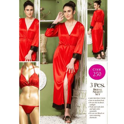 closeup view of 3 piece bridal nighty set in red color
