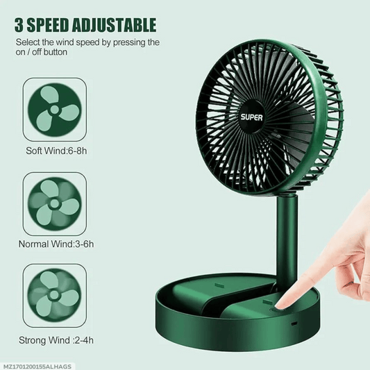 Green portable fan with speed adjustment options on a light gray background