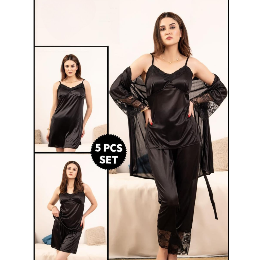 closeup view of 5 piece bridal nighty set in black color