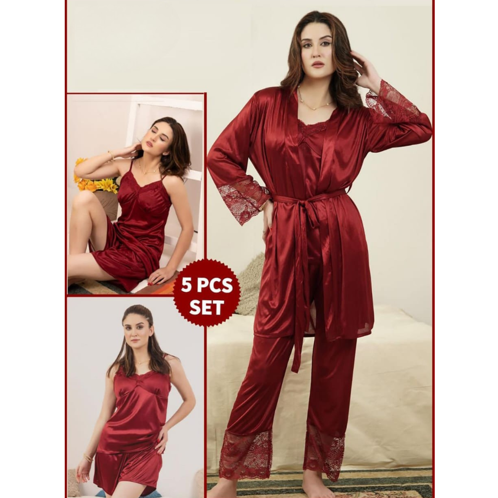 closeup view of 5 piece bridal nighty set in maroon color