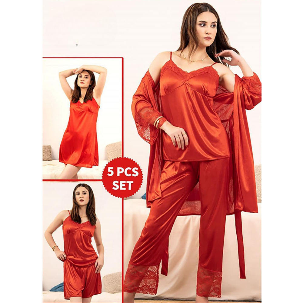 closeup view of 5 piece bridal nighty set in red color