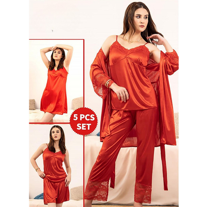 closeup view of 5 piece bridal nighty set in red color