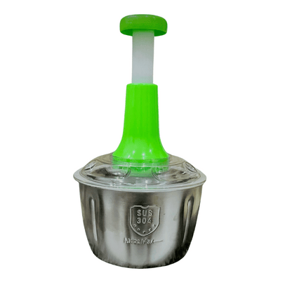 Stainless steel container with green lid on a white background