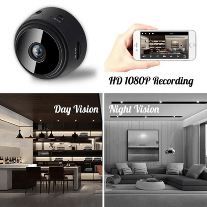 Smart home security camera with smartphone app, day and night vision features, and indoor scenes.
