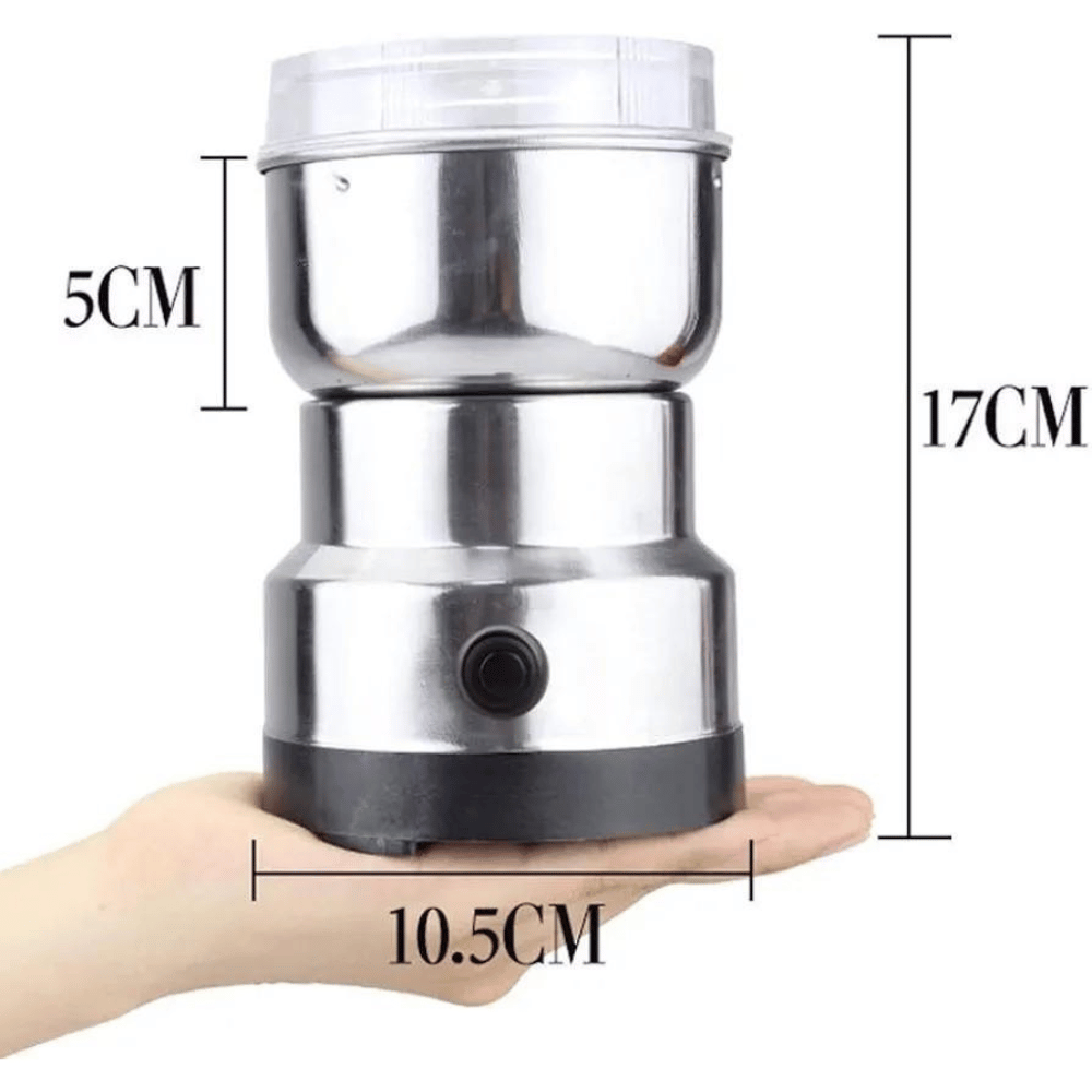 Stainless steel coffee grinder held in a hand with dimensions labeled