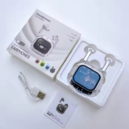 Wireless earphones with packaging, USB cable, and user manual on a white background