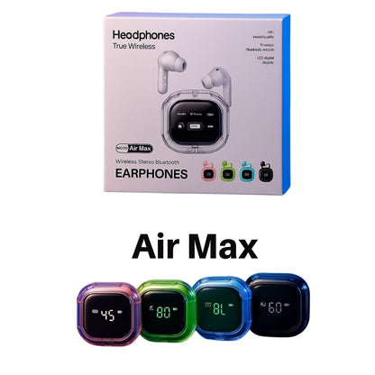 Box of Air Max wireless earphones with colorful display cases below