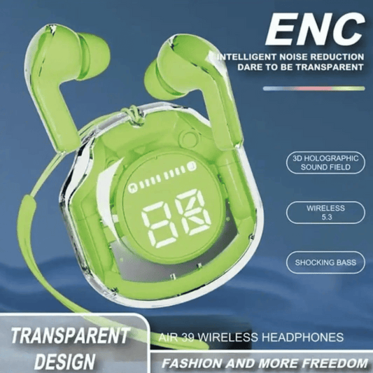 Stylish green earbuds displayed in clear front view.