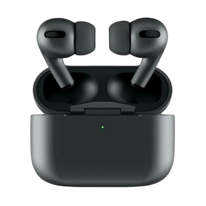 Black wireless earbuds with charging case on a white background