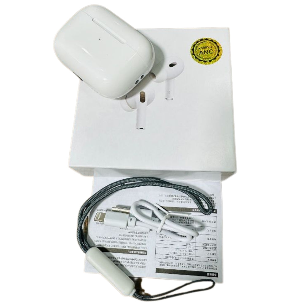 White wireless earbuds with charging case and cable on a white background