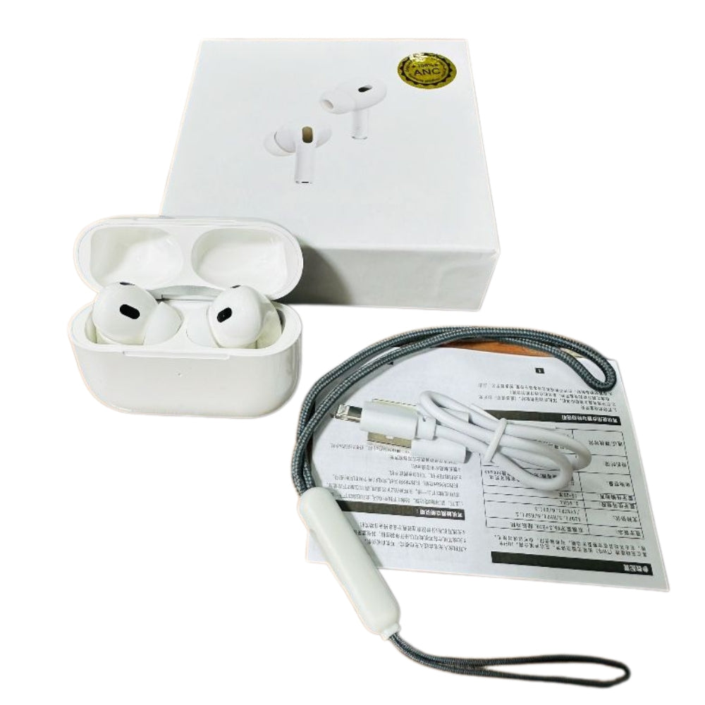 White wireless earbuds in a charging case with a cable and manual on a white background