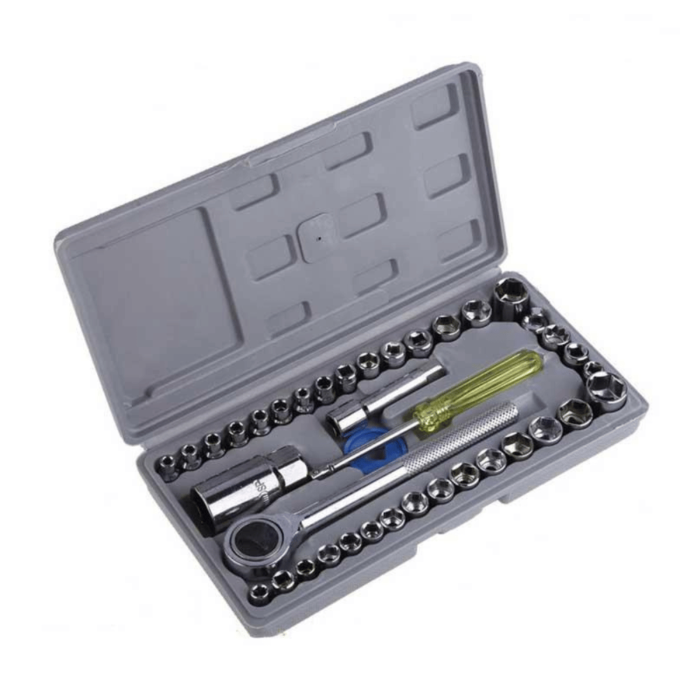 Open tool kit with various tools inside on a white background