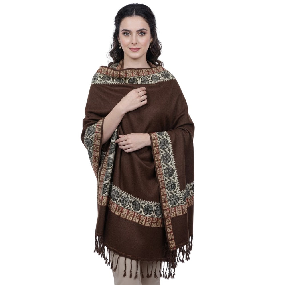 Woman wearing a brown patterned scarf on a white background