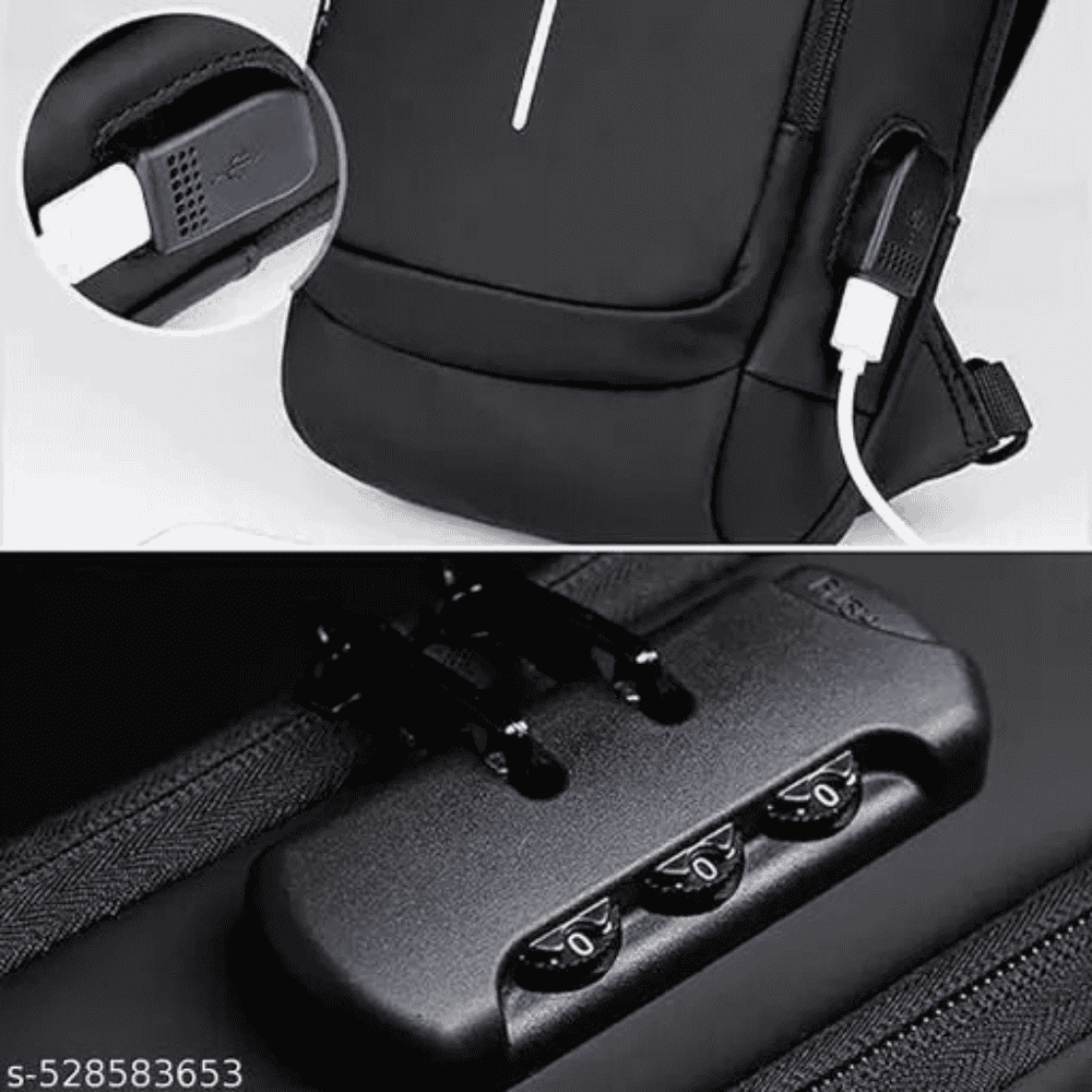 Black backpack with USB port and charging cable, close-up of USB port and backpack straps.
