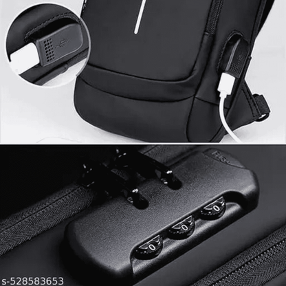 Black backpack with USB port and charging cable, close-up of USB port and backpack straps.
