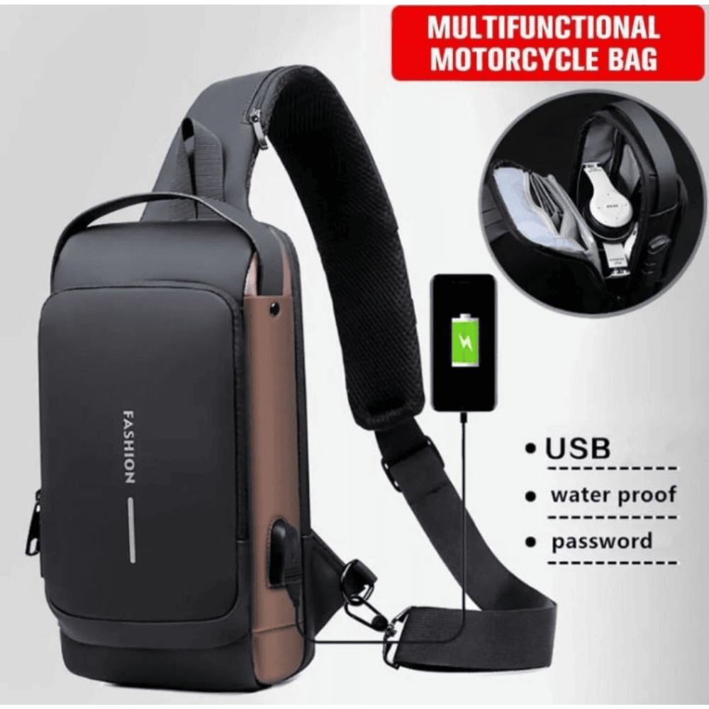 Multifunctional motorcycle bag with USB charging port and waterproof feature on a gray background