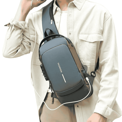 Person wearing a gray crossbody bag with 'FASHION' text on a white background