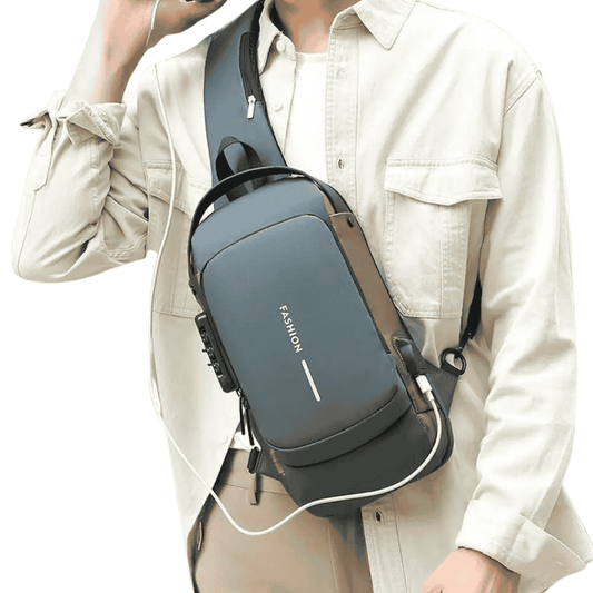 Person wearing a gray crossbody bag with 'FASHION' text on a white background