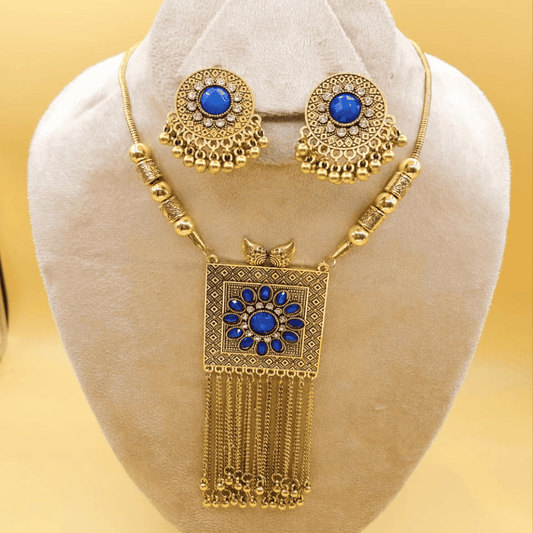 Blue traditional artificial neck set shown on mannequin