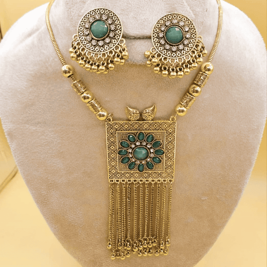Green colour artificial antique jewellery neck set – front dummy view