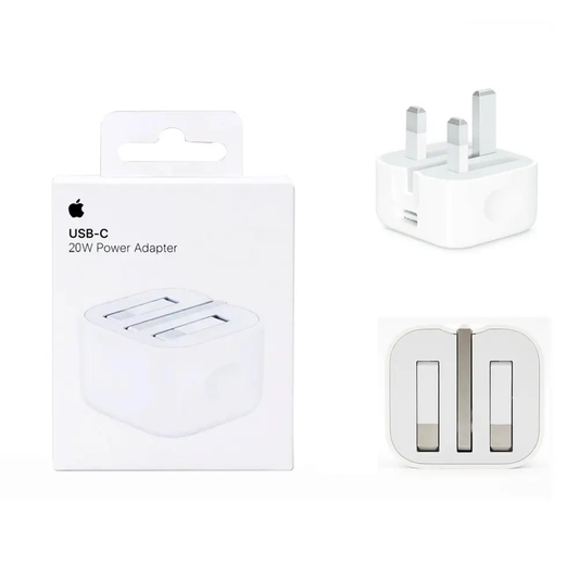Apple USB-C power adapter with packaging on a white background