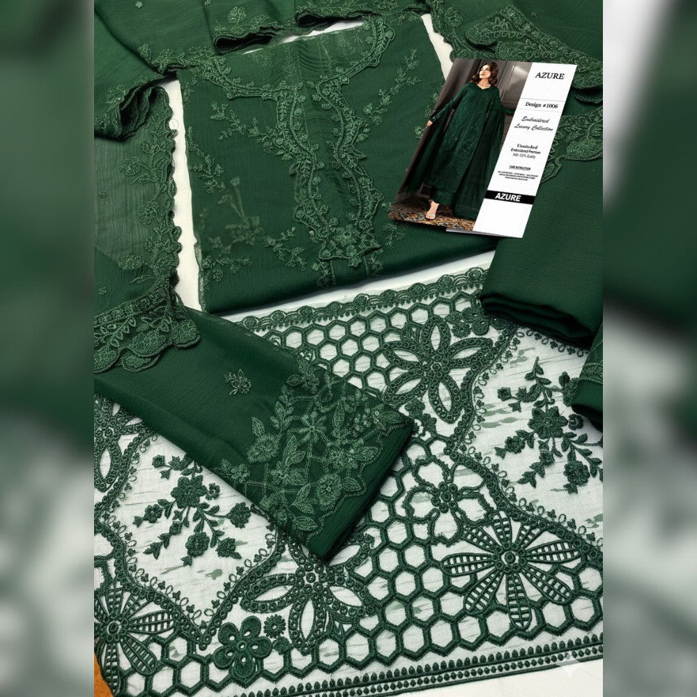 Azure Chiffon Unstitched 3 Piece Suit Open Picture Showing Embroidery Work