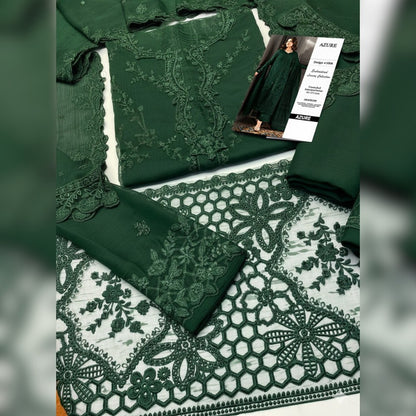 Azure Chiffon Unstitched 3 Piece Suit Open Picture Showing Embroidery Work