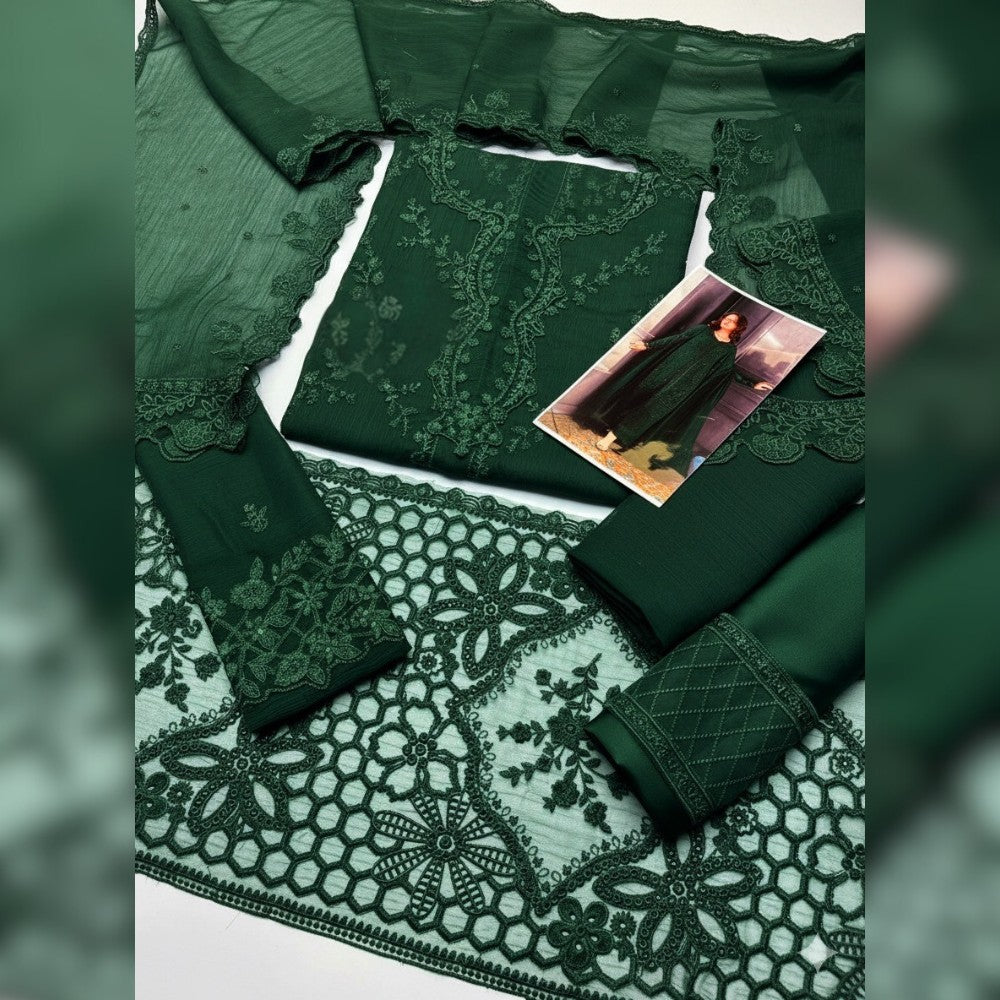 Embroidered Azure Chiffon Suit Front, Dupatta, and Trouser Fabric Set