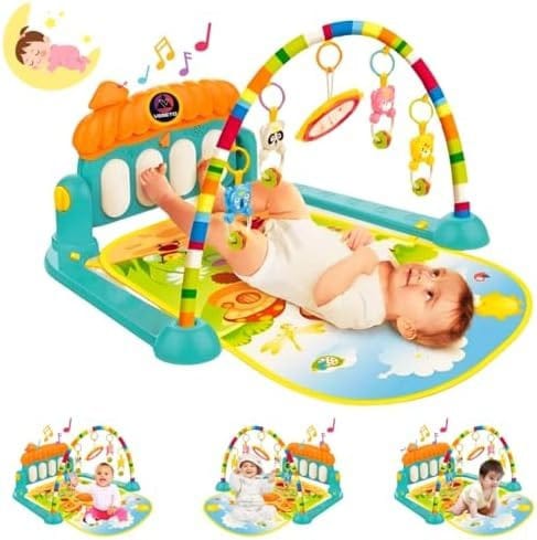 Multiple views of baby playing and resting with the play gym