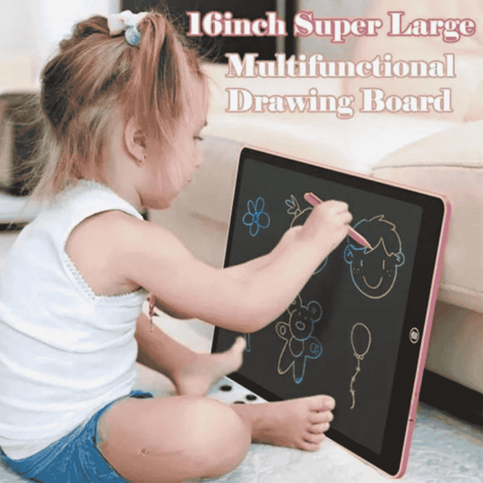 Side view of child drawing on writing tablet
