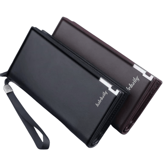 Front view of BAELLERRY wallets in black and brown colors