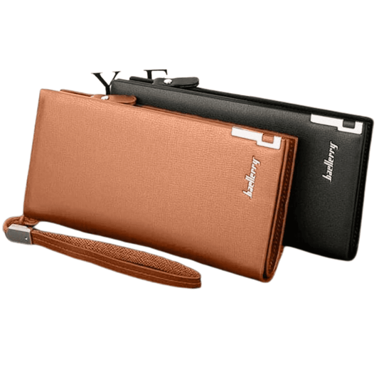 Front view of BAELLERRY wallet in black and camel artificial leather