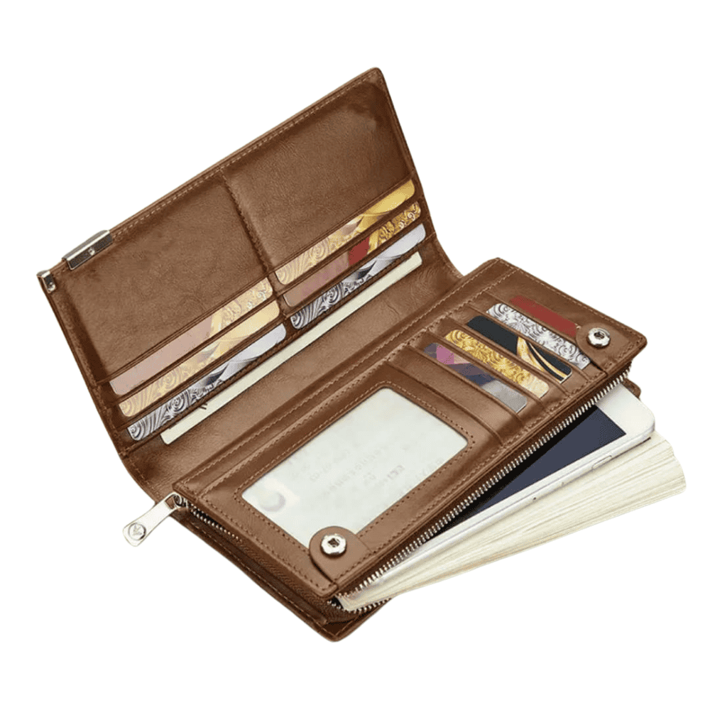 Interior view of BAELLERRY camel wallet showing card slots and compartments