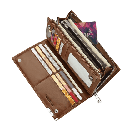 Interior detail view of BAELLERRY camel wallet showing card sections
