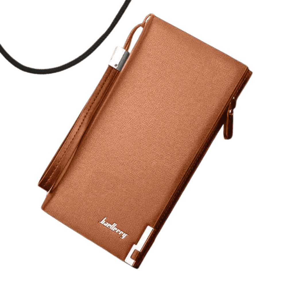 Top to bottom angled view of BAELLERRY camel wallet