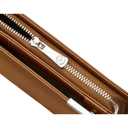Close-up of zipper on BAELLERRY camel long wallet