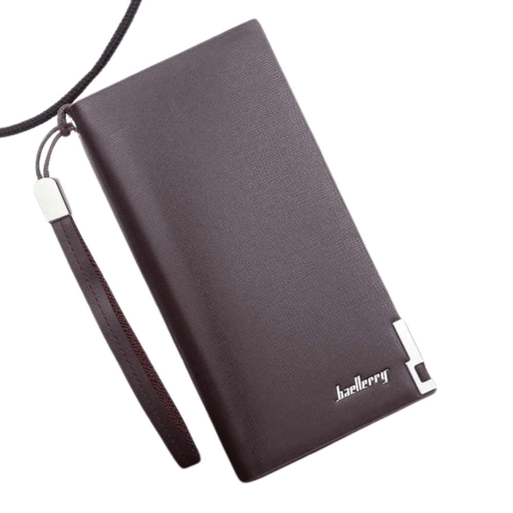 Top to bottom angled view of BAELLERRY grey long wallet