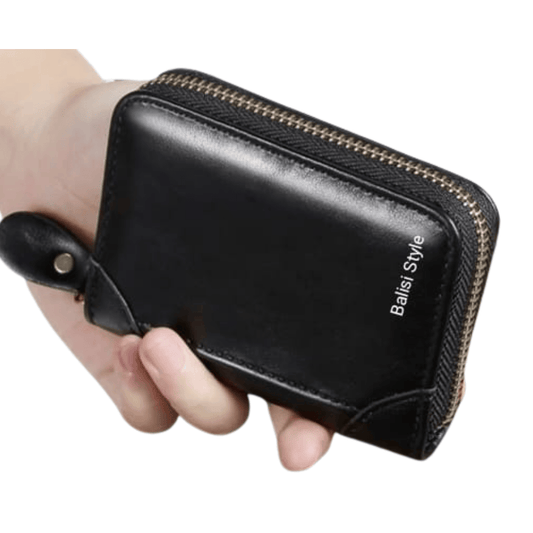Close-up view of black Balisi wallet with zipper detail
