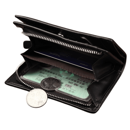 Inside view of Balisi wallet in black with compartments.