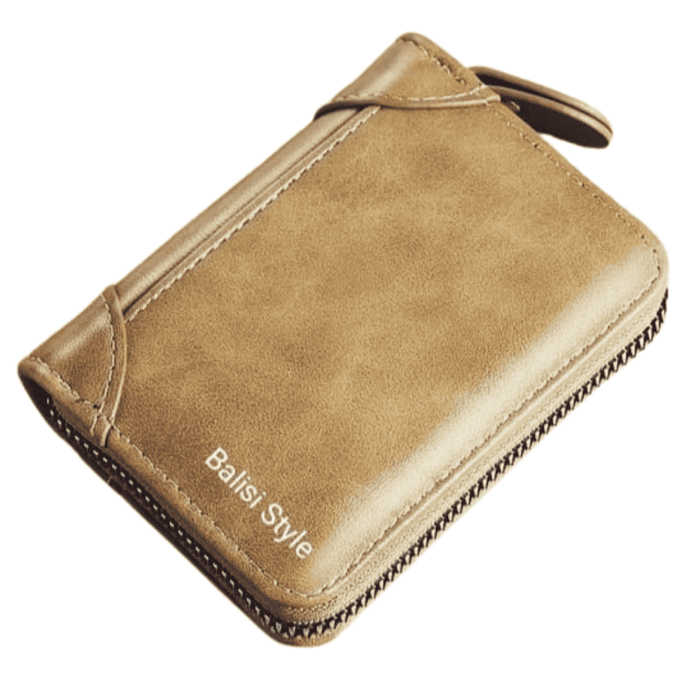 Close-up of stitching and texture on Balisi camel wallet