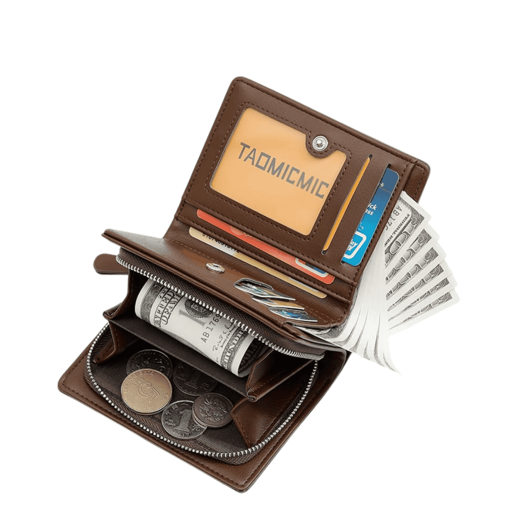 Interior of Balisi wallet in camel showing cardholder and coin pouch