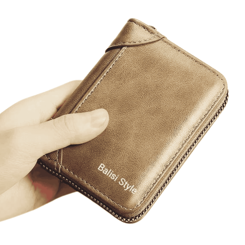 Angled smart view of Balisi wallet in camel