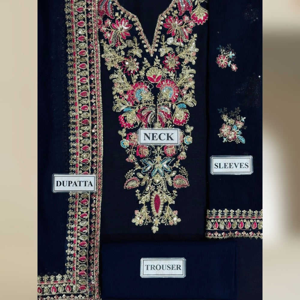 Embroidered fabric with labels for dupatta, neck, sleeves, and trouser on a dark background.