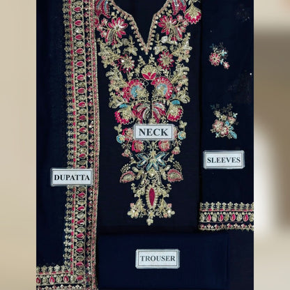 Embroidered fabric with labels for dupatta, neck, sleeves, and trouser on a dark background.