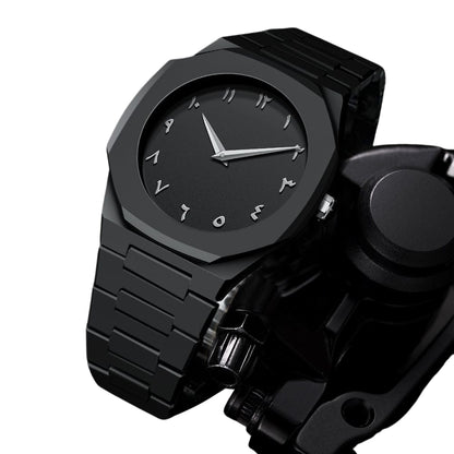 Black wristwatch with a unique design on a white background