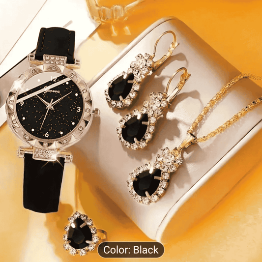 Close-up view of black combo set featuring elegant watch and jewellery