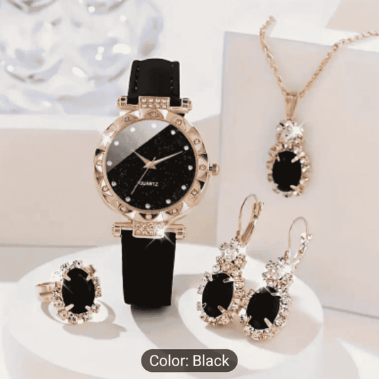 Full front view of black watch with locket and earrings combo