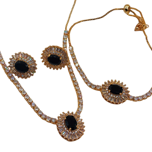 Front view of black round China gold locket set with matching bracelet
